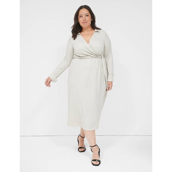 Lane Bryant Lurex Silver Sparkly Faux-Wrap Collar Midi Dress Size 22/24 3X Plus - Picture 1 of 11